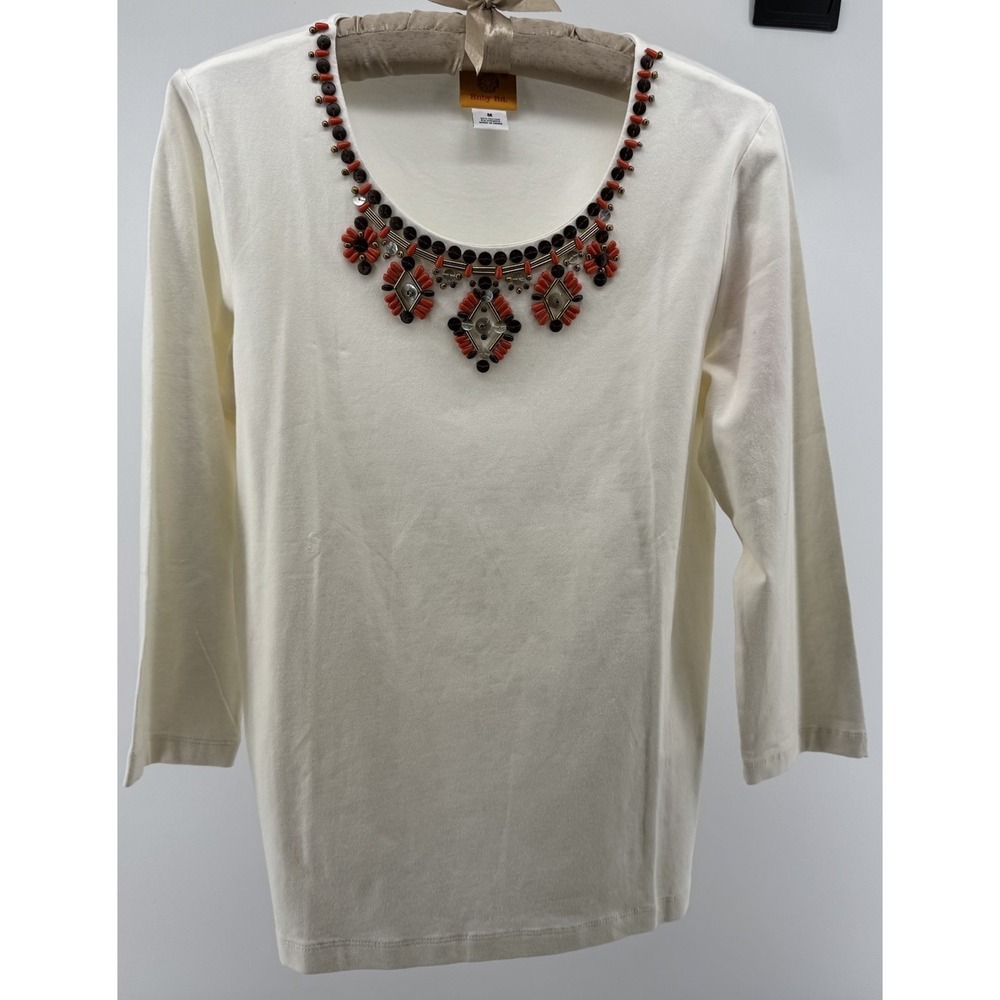 Ruby Rd Embellished Top Sz M Ivory Beaded Neckline Boho Chic Stretch NWT